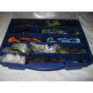 Large Lot Of  Colored Rubber Fishing Worm & Lizard Lures in Plano Tackel Box